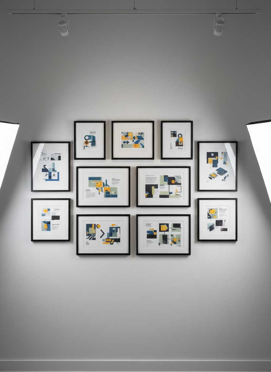 A wall-mounted gallery of framed creative work samples displayed in a bright studio space, each frame containing abstracted layouts of marketing campaigns, storyboards, and product mockups without legible text. The frames vary in size but share thin black borders and crisp white mats, aligned in a balanced grid on a smooth light-gray wall. Soft studio lighting from above and to the side creates even illumination with gentle reflections on the glass and faint shadows below each frame. Shot straight-on at eye level with sharp focus across the scene, the composition feels orderly, professional, and curated, emphasizing a refined photographic realism that conveys a thoughtful, well-organized creative portfolio of storytelling, marketing, and making projects.