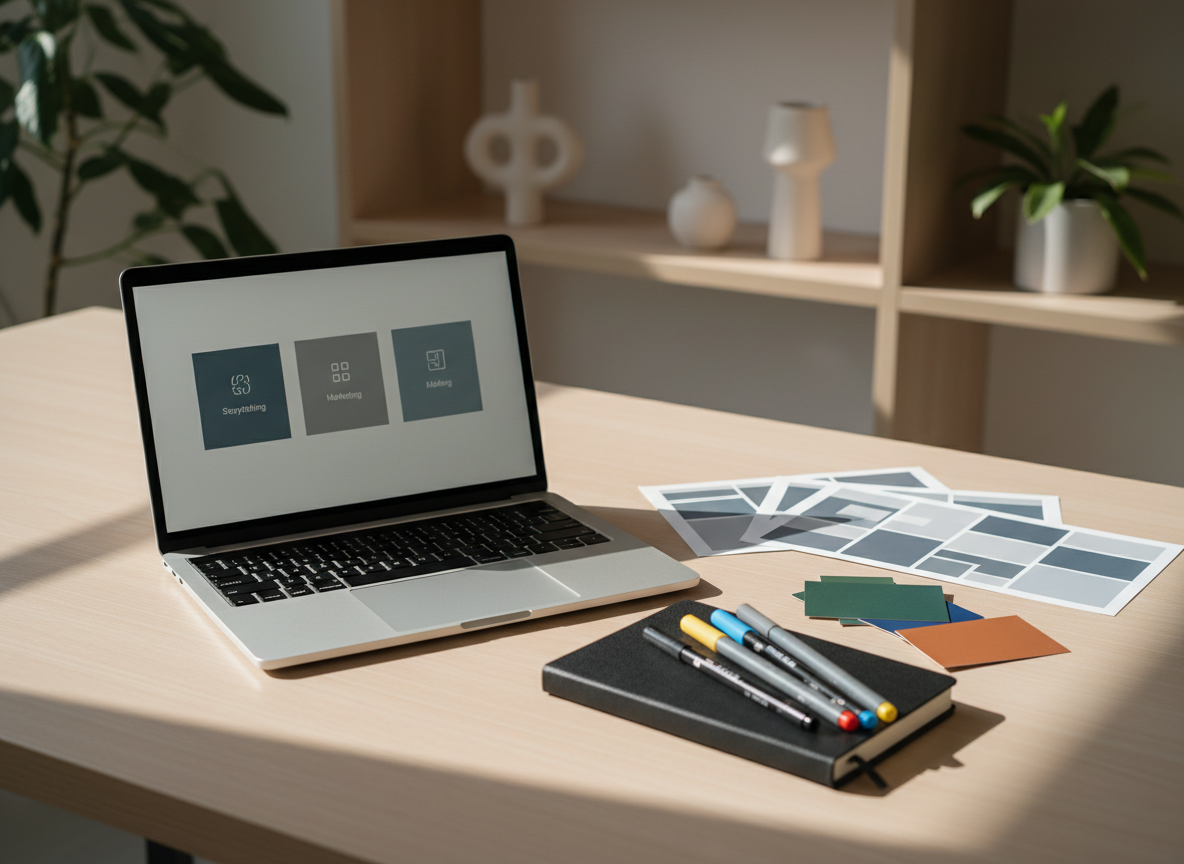 A clean wooden desktop showcasing a carefully arranged creative workspace, featuring an open sleek laptop displaying a minimalist portfolio grid of storytelling, marketing, and making projects. Beside it, a stack of neatly printed case studies with visible layout blocks (no readable text) fans out, along with color swatch cards and a closed sketchbook with marker pens resting on top. Soft natural daylight from an unseen window to the left casts gentle, directional light, creating subtle shadows and a professional, focused mood. Photographed from a slightly elevated angle with shallow depth of field, the laptop and printed work are in crisp focus while the background—blurred shelves with neutral decor—supports a clean, modern, photographic realism aesthetic suitable for a professional creative portfolio homepage.