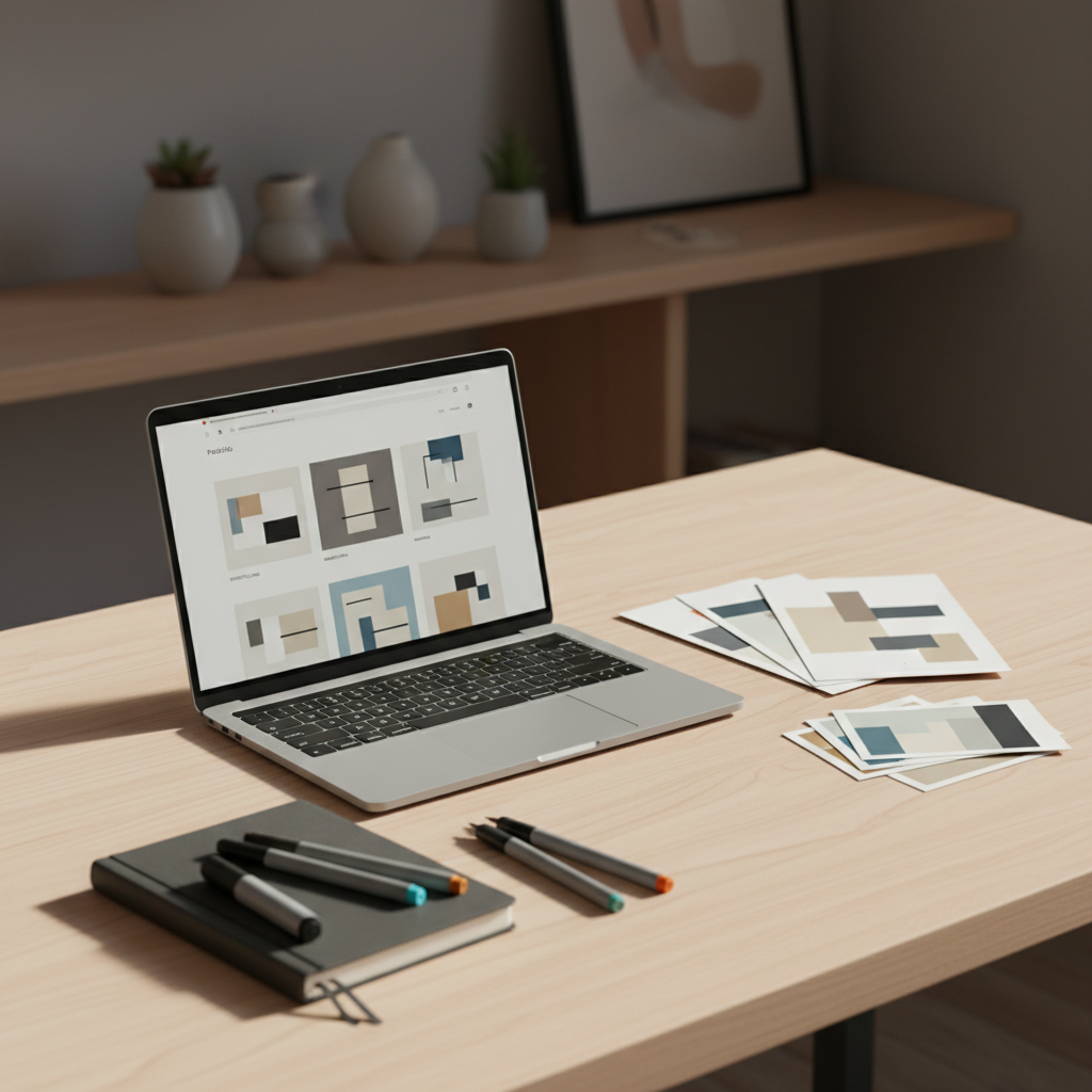 A clean wooden desktop showcasing a carefully arranged creative workspace, featuring an open sleek laptop displaying a minimalist portfolio grid of storytelling, marketing, and making projects. Beside it, a stack of neatly printed case studies with visible layout blocks (no readable text) fans out, along with color swatch cards and a closed sketchbook with marker pens resting on top. Soft natural daylight from an unseen window to the left casts gentle, directional light, creating subtle shadows and a professional, focused mood. Photographed from a slightly elevated angle with shallow depth of field, the laptop and printed work are in crisp focus while the background—blurred shelves with neutral decor—supports a clean, modern, photographic realism aesthetic suitable for a professional creative portfolio homepage.