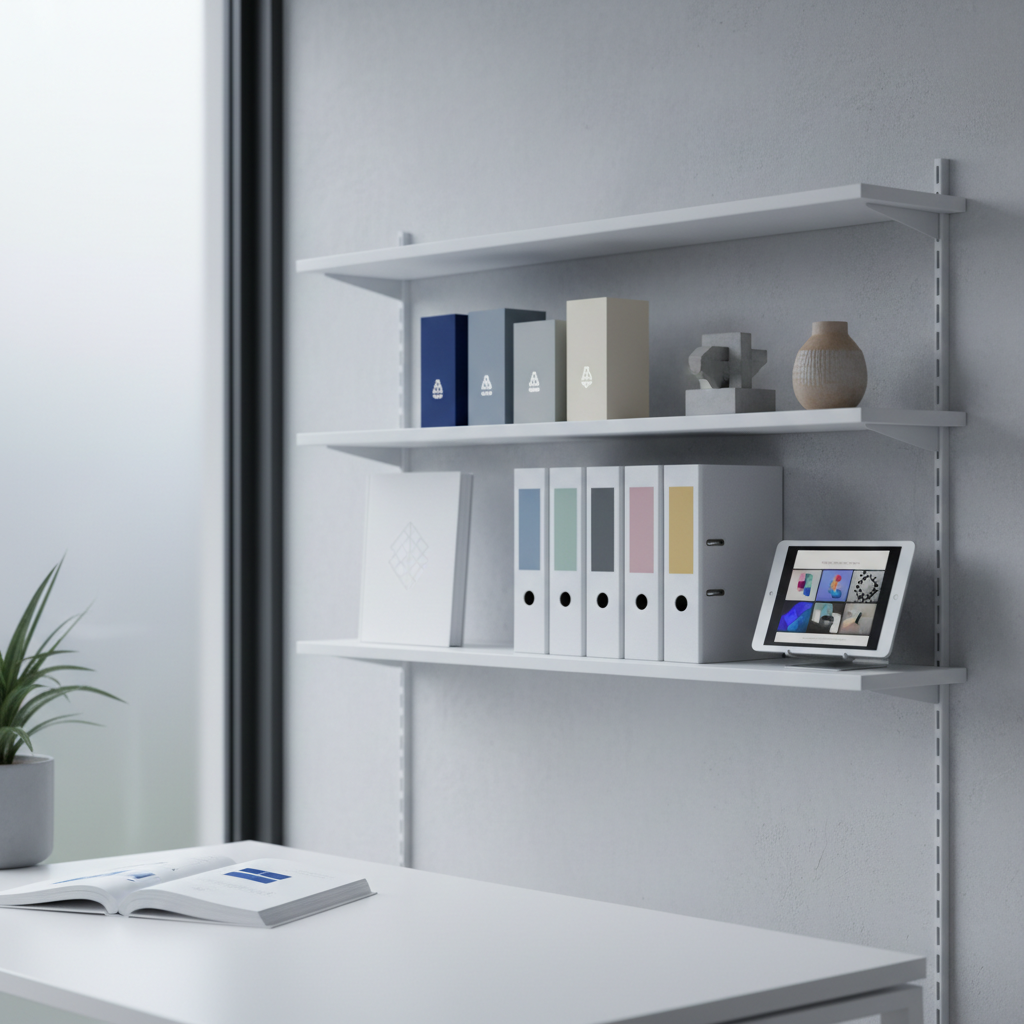 A modern white shelf system in a minimalist office displaying a sequence of project artifacts: a bound strategic marketing deck, a set of branded product mockup boxes, a row of labeled storage binders, and a tablet on a stand looping through abstract frames of a video story (no readable text). Subtle accent objects, like a small geometric sculpture and a neutral-toned ceramic vessel, provide visual rhythm without distraction. Soft, indirect daylight from a nearby window washes the scene in even, cool light, creating a calm, organized atmosphere. Captured at a three-quarter angle with moderate depth of field, the central shelf items remain sharp while the foreground and background gently soften, emphasizing a curated, professional portfolio of integrated storytelling and making in photographic realism.