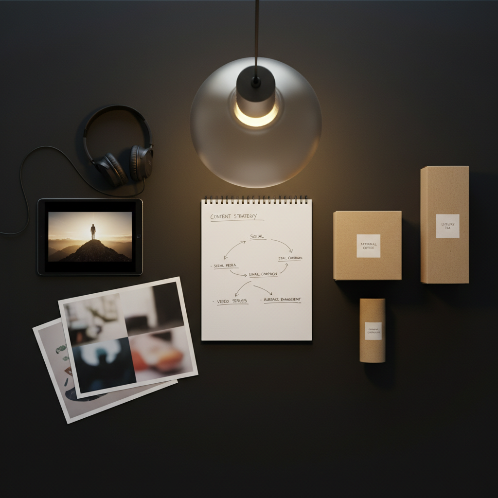 A large, matte-black tabletop covered with an organized spread of creative marketing tools: a tablet showing a cinematic storyboard frame, a notebook open to sketched content strategy diagrams, printed mood boards with blurred imagery, and neatly aligned prototype packaging boxes. A pair of over-ear headphones rests near the tablet, suggesting immersive storytelling work. Overhead, a single diffused pendant light casts focused, warm illumination, creating defined yet soft-edged shadows that add depth and clarity. Photographed from a top-down, bird’s-eye view, the composition uses asymmetrical balance to guide the eye across different project types. The mood is deliberate, professional, and hands-on, with photographic realism that highlights the tangible craft behind narrative-driven marketing and making.
